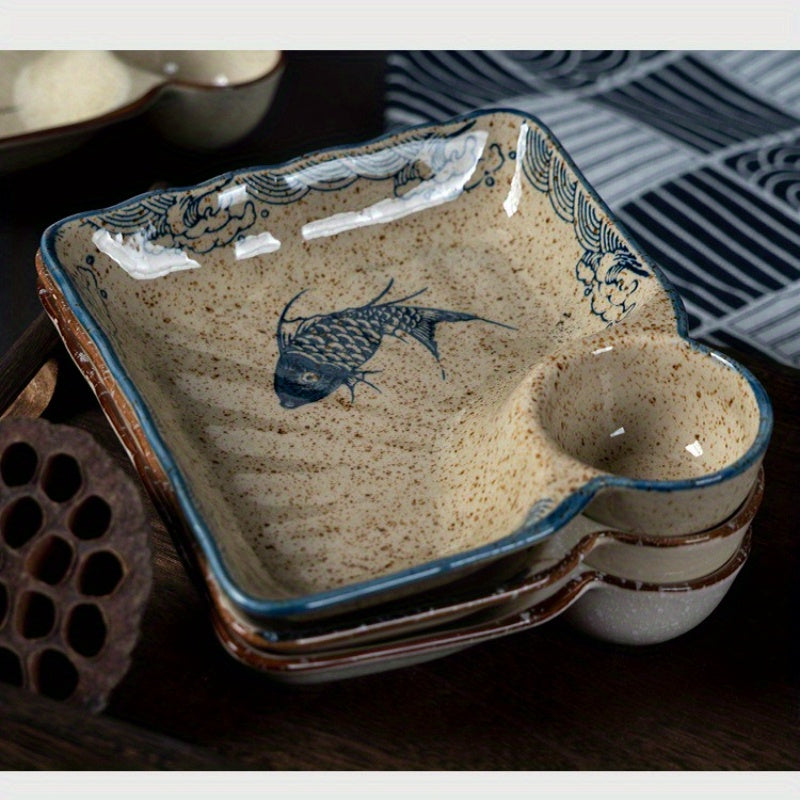 2pcs Japanese Style Ceramic Dumpling Plate Set | 7.11inch Divided Serving Plates with Compartments for Gyoza, Dipping Sauces & Appetizers - High-Temperature Porcelain Design, Elegant yet Durable for Daily Use