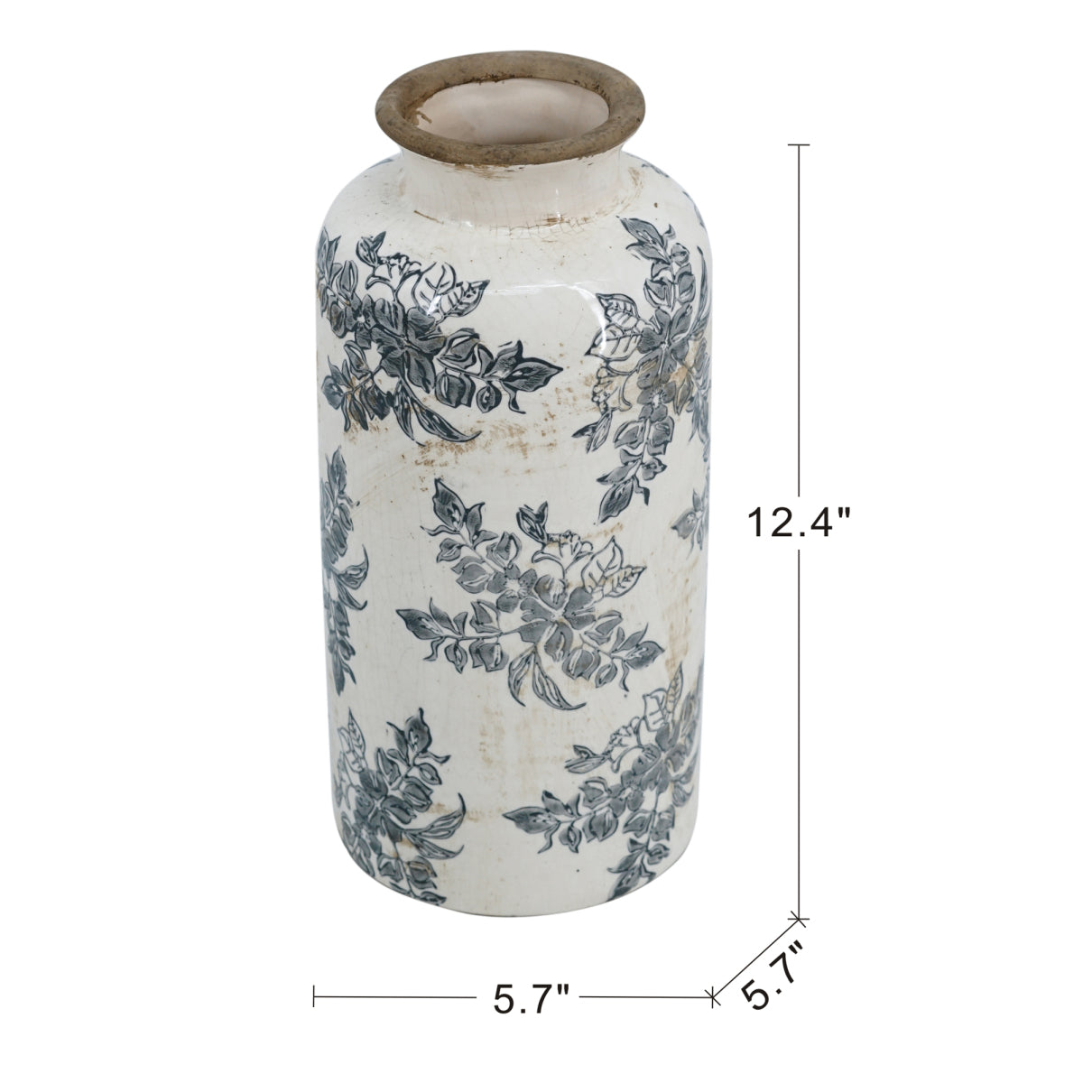 Vintage White Ceramic Vase with Black Floral - Tall Cylindrical Vase Suitable for Decor, Centerpiece for Table, Mantel, Shelf - Ceramic for Modern or Traditional Decoration