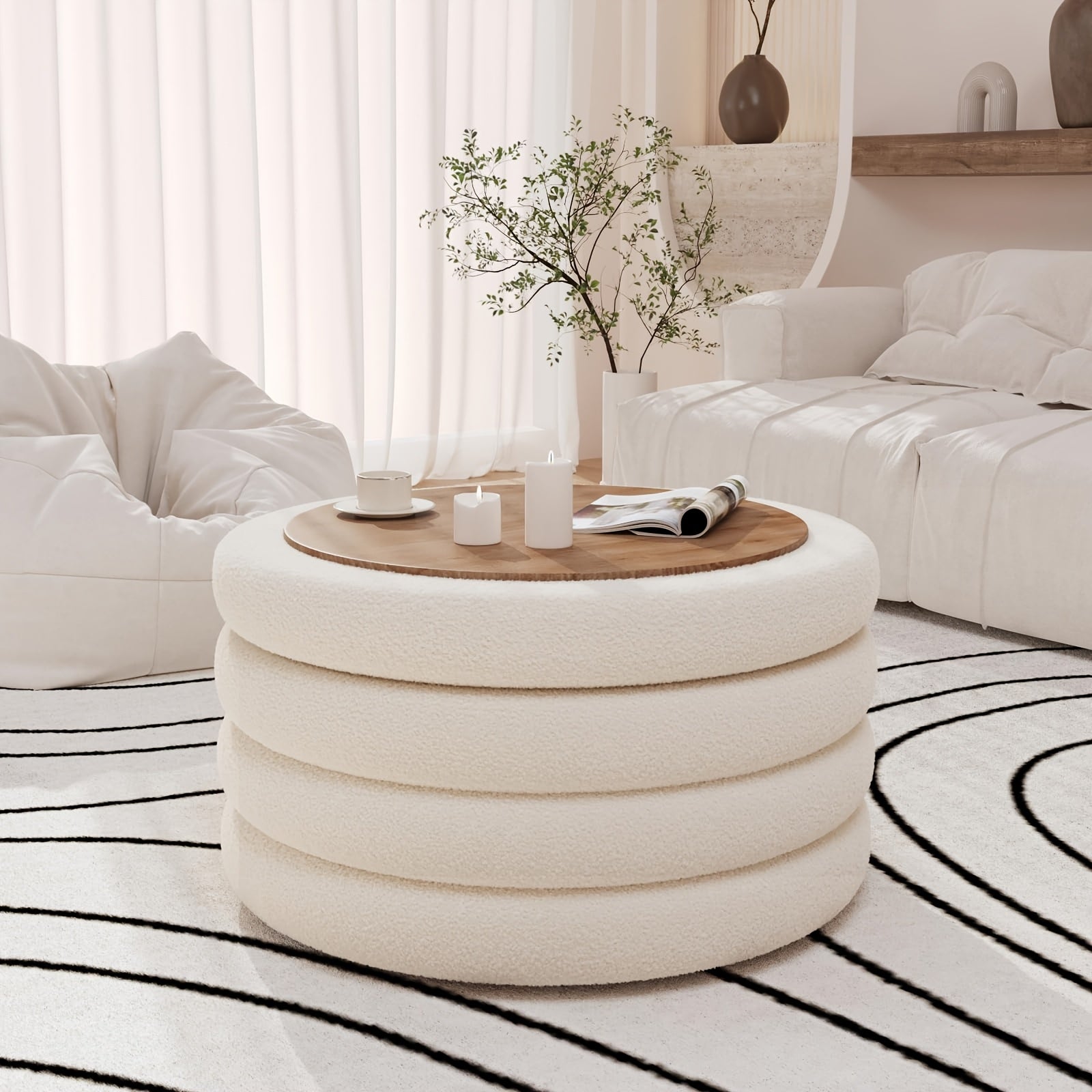 30 Inch Round Ottoman Coffee Table with Storage & Sherpa Top - Large Multi-Functional Modern Footrest Suitable for Couch, Cream White Frame\u002FPlywood Base Furniture for Living Room, Space-Saving Tray Table for Small Spaces