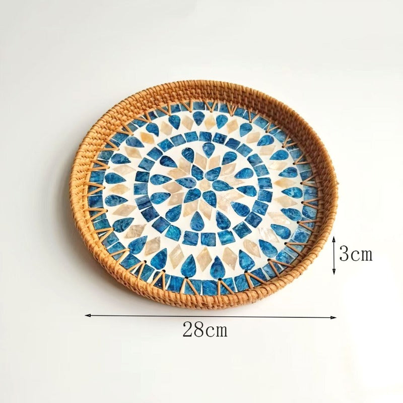 1pc Handcrafted Rattan Seashell Plate | Round Fruit Basket Tray, Fresh Desktop Tray, Vietnamese New Style