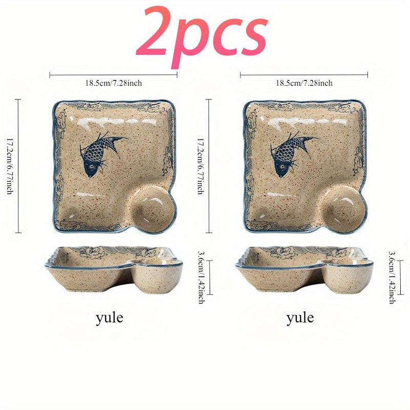 2pcs Japanese Style Ceramic Dumpling Plate Set | 7.11inch Divided Serving Plates with Compartments for Gyoza, Dipping Sauces & Appetizers - High-Temperature Porcelain Design, Elegant yet Durable for Daily Use