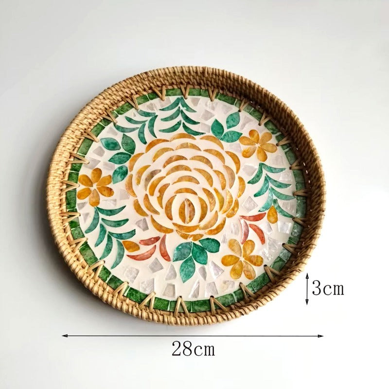 1pc Handcrafted Rattan Seashell Plate | Round Fruit Basket Tray, Fresh Desktop Tray, Vietnamese New Style