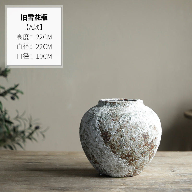 Rustic Farmhouse Terracotta Vase, Wabi-Sabi Retro Ceramic Rough Pot, Country Cottage Dried Flower Vase for Tabletop Shelf Decor