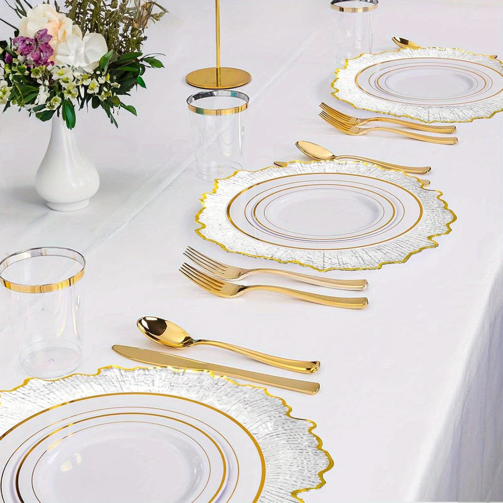 24\u002F12pcs Clear Reef Charger Plates Set Bulk 12 Golden Rim Clear Charger Plates 13 Inch And 12 Satin Cloth Napkins 17 Inch, Sturdy And Durable, Reef Charger Plate With Golden Rim Floral Reef Design For Dinner Wedding Party Easter Table Setting Decora