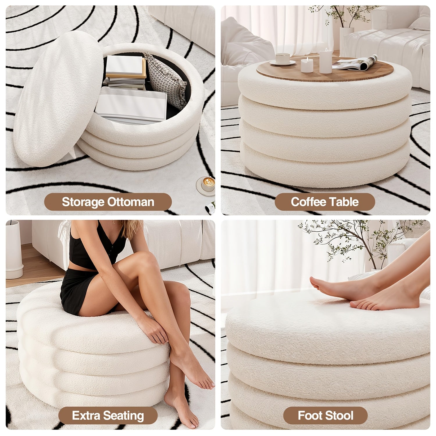 30 Inch Round Ottoman Coffee Table with Storage & Sherpa Top - Large Multi-Functional Modern Footrest Suitable for Couch, Cream White Frame\u002FPlywood Base Furniture for Living Room, Space-Saving Tray Table for Small Spaces