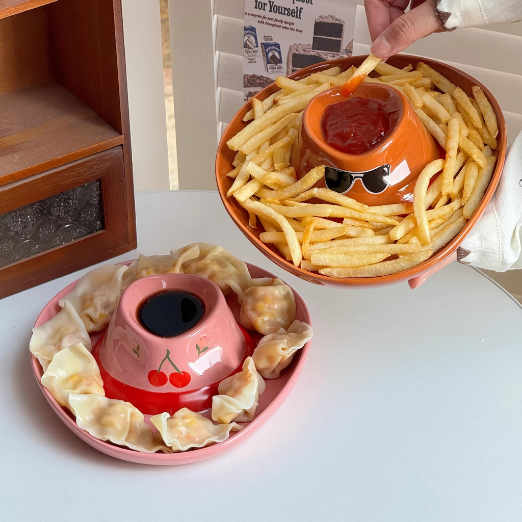 Creative Ceramic Plate Shaped Like a Cowboy Hat, Includes a Vinegar Dish, Perfect for Serving Dinner, Breakfast, Or As a Special Side Dish for Hot Pot