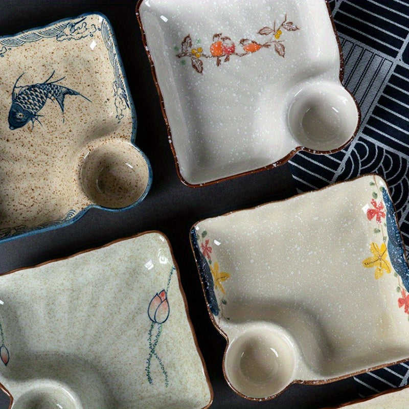 2pcs Japanese Style Ceramic Dumpling Plate Set | 7.11inch Divided Serving Plates with Compartments for Gyoza, Dipping Sauces & Appetizers - High-Temperature Porcelain Design, Elegant yet Durable for Daily Use