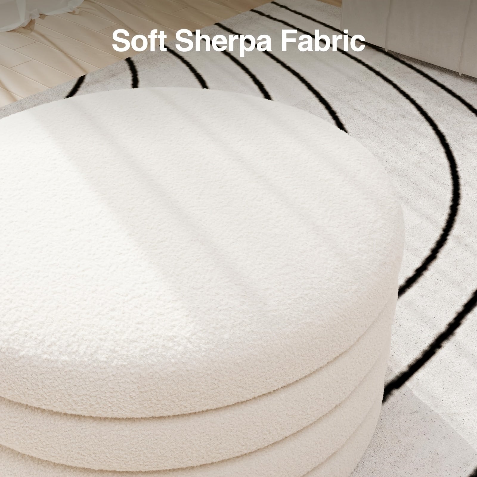 30 Inch Round Ottoman Coffee Table with Storage & Sherpa Top - Large Multi-Functional Modern Footrest Suitable for Couch, Cream White Frame\u002FPlywood Base Furniture for Living Room, Space-Saving Tray Table for Small Spaces