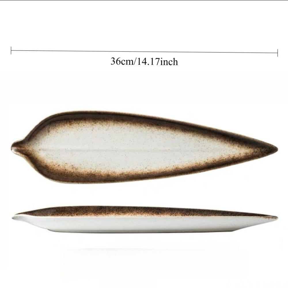 1pc Ceramic Sushi Plate, Creative Leaf Design Plate for Cuisine Restaurants, Sashimi Plate, Fish Plate, Dessert & Snack Plate