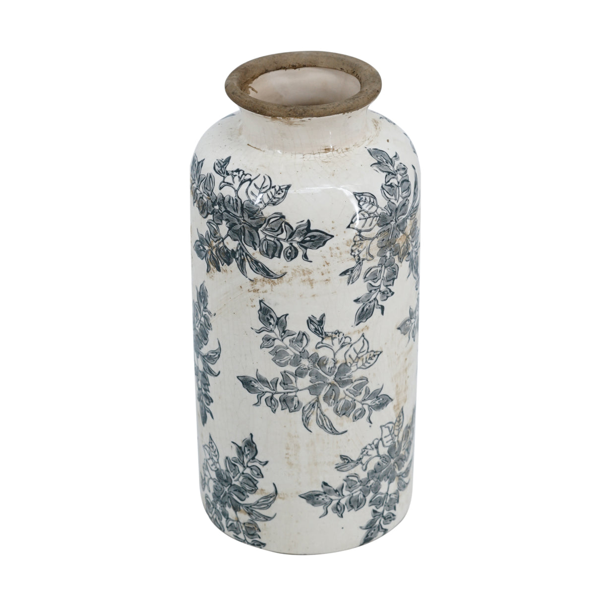 Vintage White Ceramic Vase with Black Floral - Tall Cylindrical Vase Suitable for Decor, Centerpiece for Table, Mantel, Shelf - Ceramic for Modern or Traditional Decoration