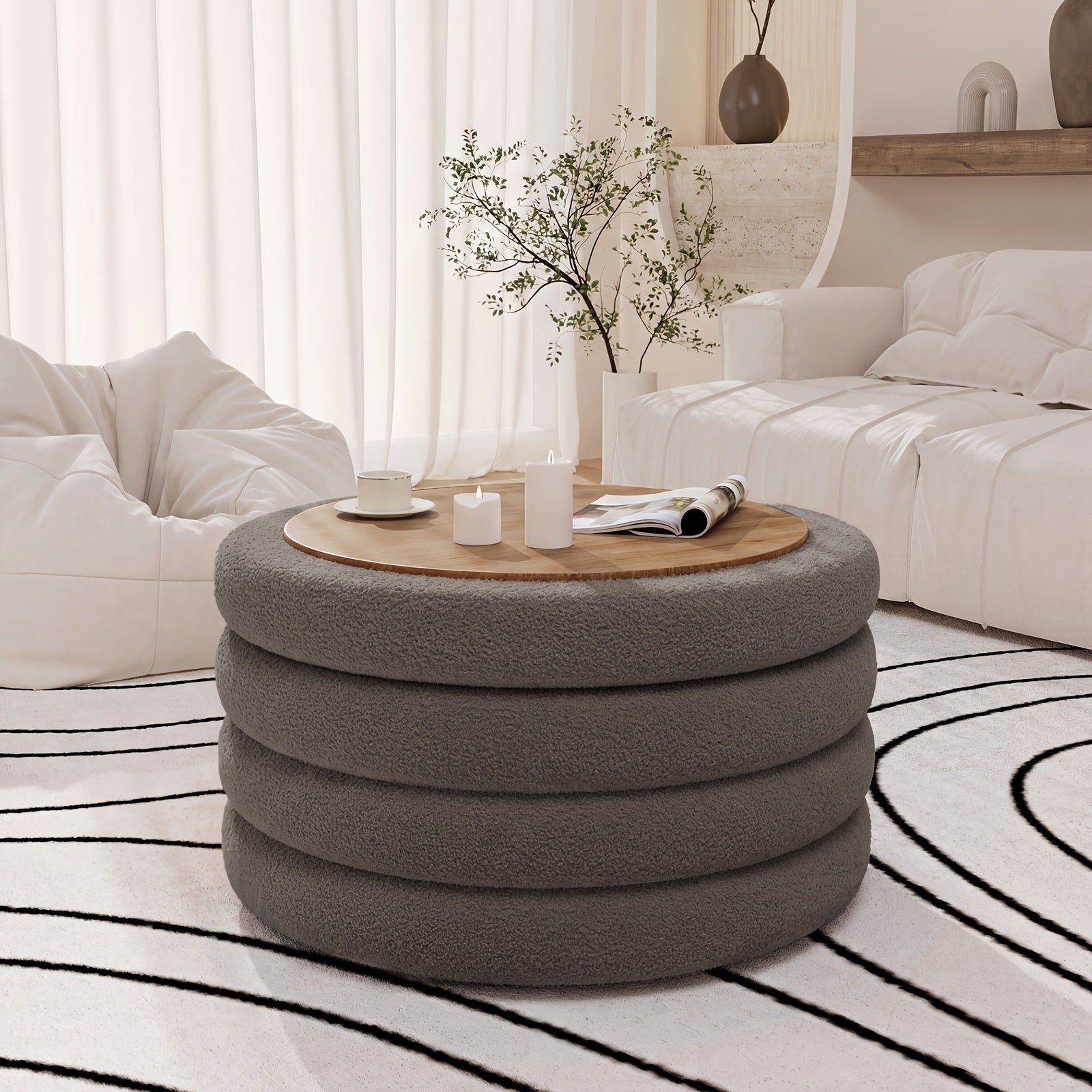 30 Inch Round Ottoman Coffee Table with Storage & Sherpa Top - Large Multi-Functional Modern Footrest Suitable for Couch, Cream White Frame\u002FPlywood Base Furniture for Living Room, Space-Saving Tray Table for Small Spaces