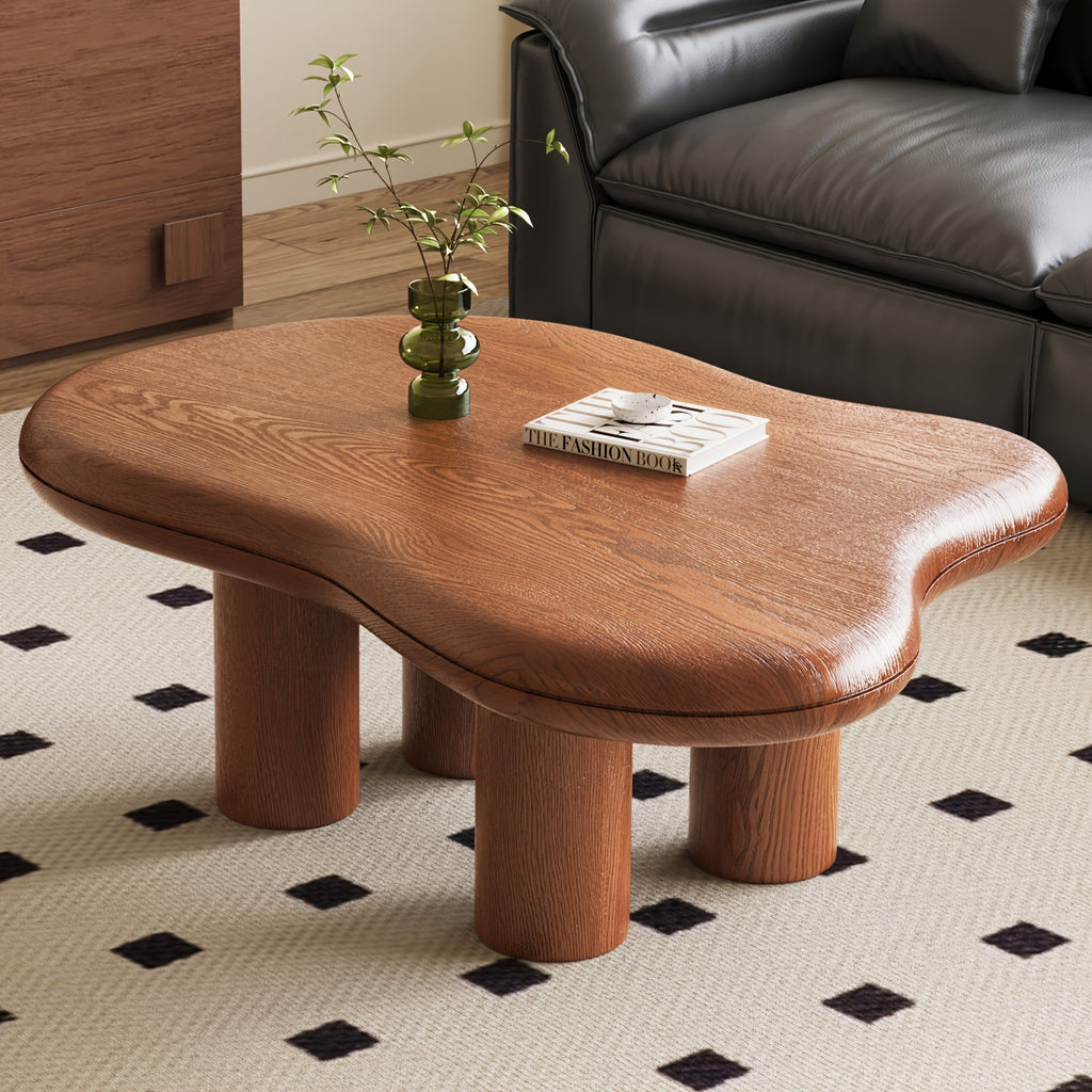 Modern Walnut Coffee Table with Cloud-Inspired Irregular Design - Lightweight Engineered Wood, 4-Legged Compact Center Table for Living Room & Bedroom, Easy Assembly