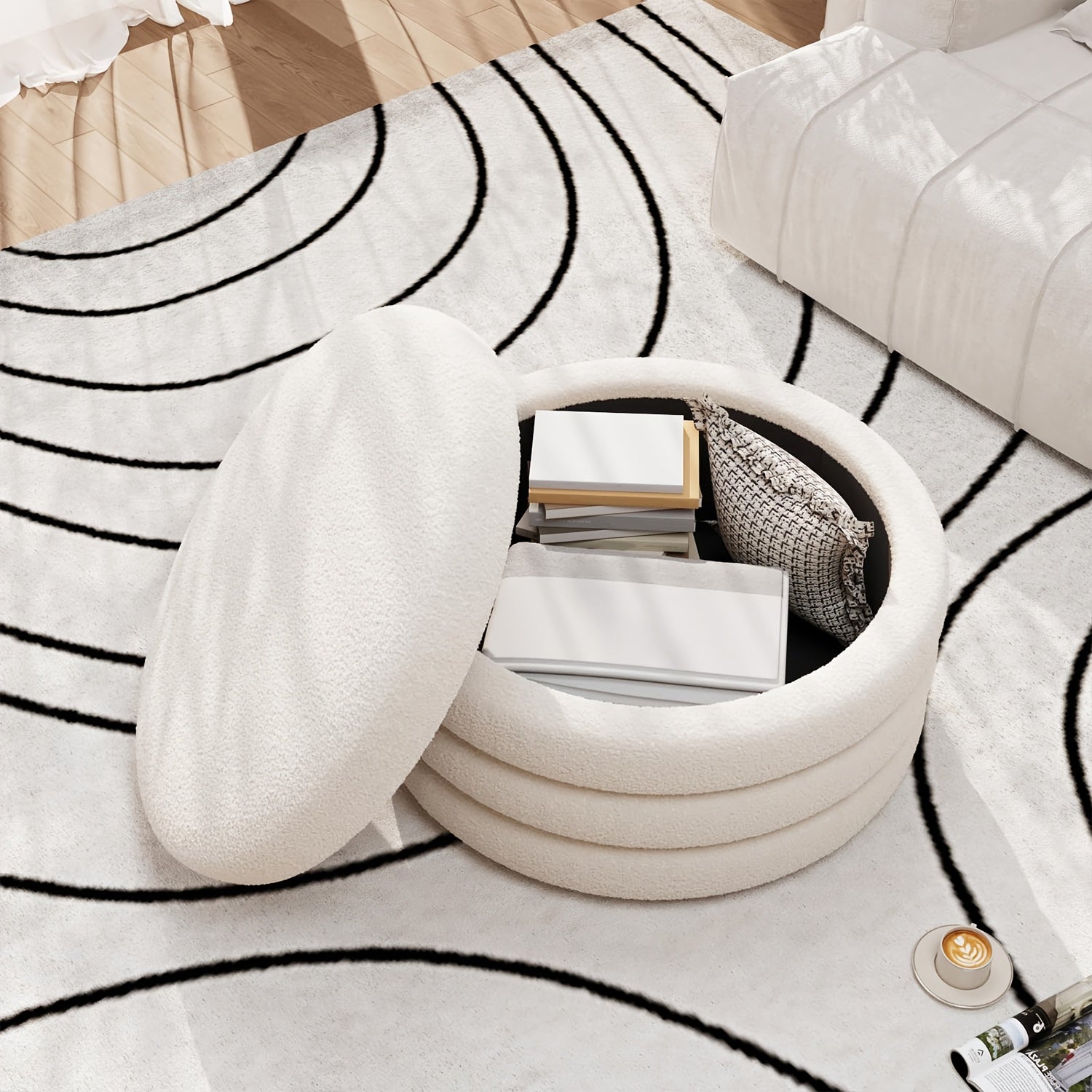 30 Inch Round Ottoman Coffee Table with Storage & Sherpa Top - Large Multi-Functional Modern Footrest Suitable for Couch, Cream White Frame\u002FPlywood Base Furniture for Living Room, Space-Saving Tray Table for Small Spaces