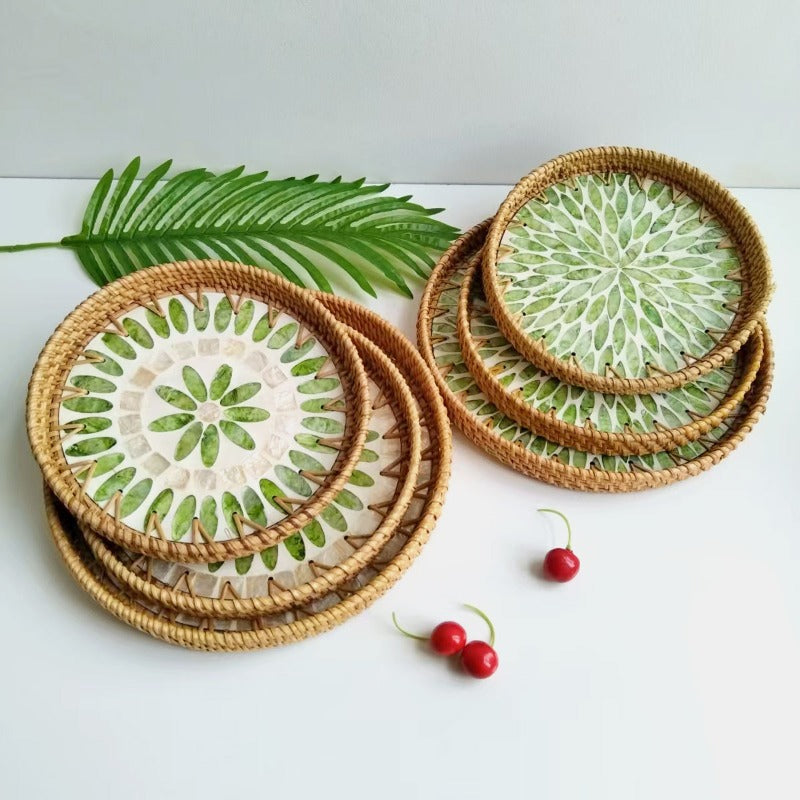 1pc Handcrafted Rattan Seashell Plate | Round Fruit Basket Tray, Fresh Desktop Tray, Vietnamese New Style