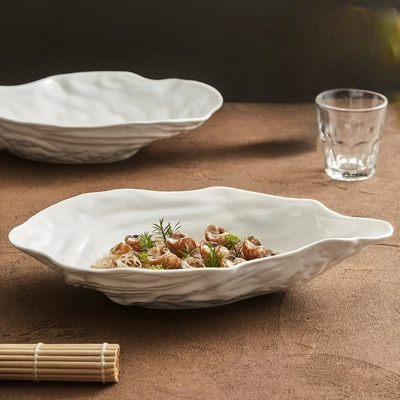 4pcs (4-Pack) 7.5-Inch Oval White Oyster Shell Ceramic Plates - Suitable for Seafood, Snacks, Appetizers, Desserts, Parties, Weddings, Buffets - Elegant Tableware for Dining & Commercial Use, Holiday Gifts for Christmas &