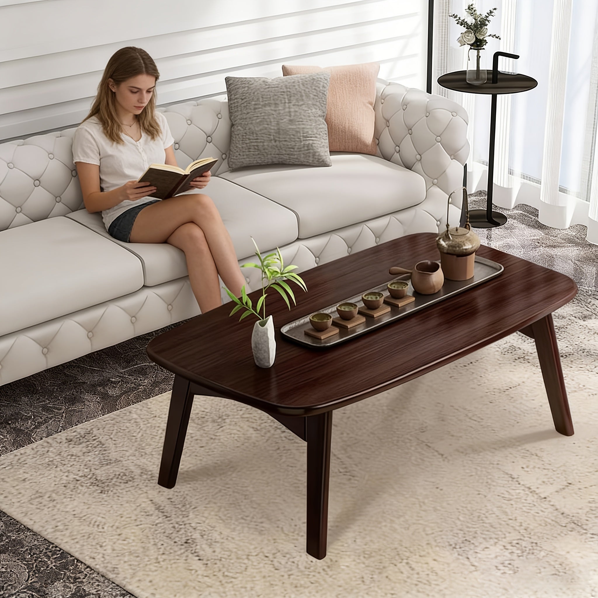 Foldable Japanese-Style Table Suitable for Indoor\u002FOutdoor Use - Modern Portable Coffee & Tea Table with Walnut Top, Space-Saving Design, No Assembly Required, Foldable Desk for,, Office (31.5×17.7×13.8 Inches)