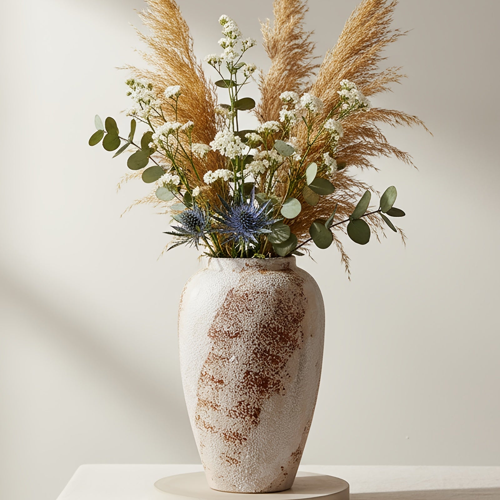 Vintage Ceramic Vase | Minimalist Texture Stone Patterned White Flower Vase, Decorative Vase for Living Room Shelf Farmhouse Dining Table Centerpiece Decor, Cylinder Shape, 11.8''