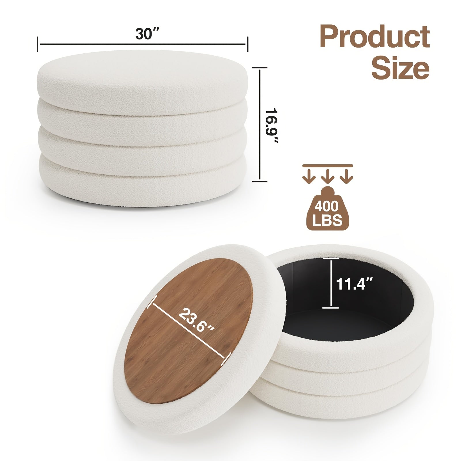 30 Inch Round Ottoman Coffee Table with Storage & Sherpa Top - Large Multi-Functional Modern Footrest Suitable for Couch, Cream White Frame\u002FPlywood Base Furniture for Living Room, Space-Saving Tray Table for Small Spaces