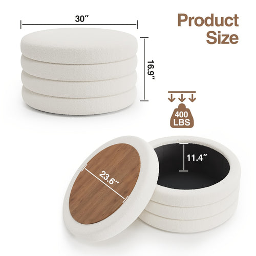 30 Inch Round Ottoman Coffee Table with Storage & Sherpa Top - Large Multi-Functional Modern Footrest Suitable for Couch, Cream White Frame\u002FPlywood Base Furniture for Living Room, Space-Saving Tray Table for Small Spaces
