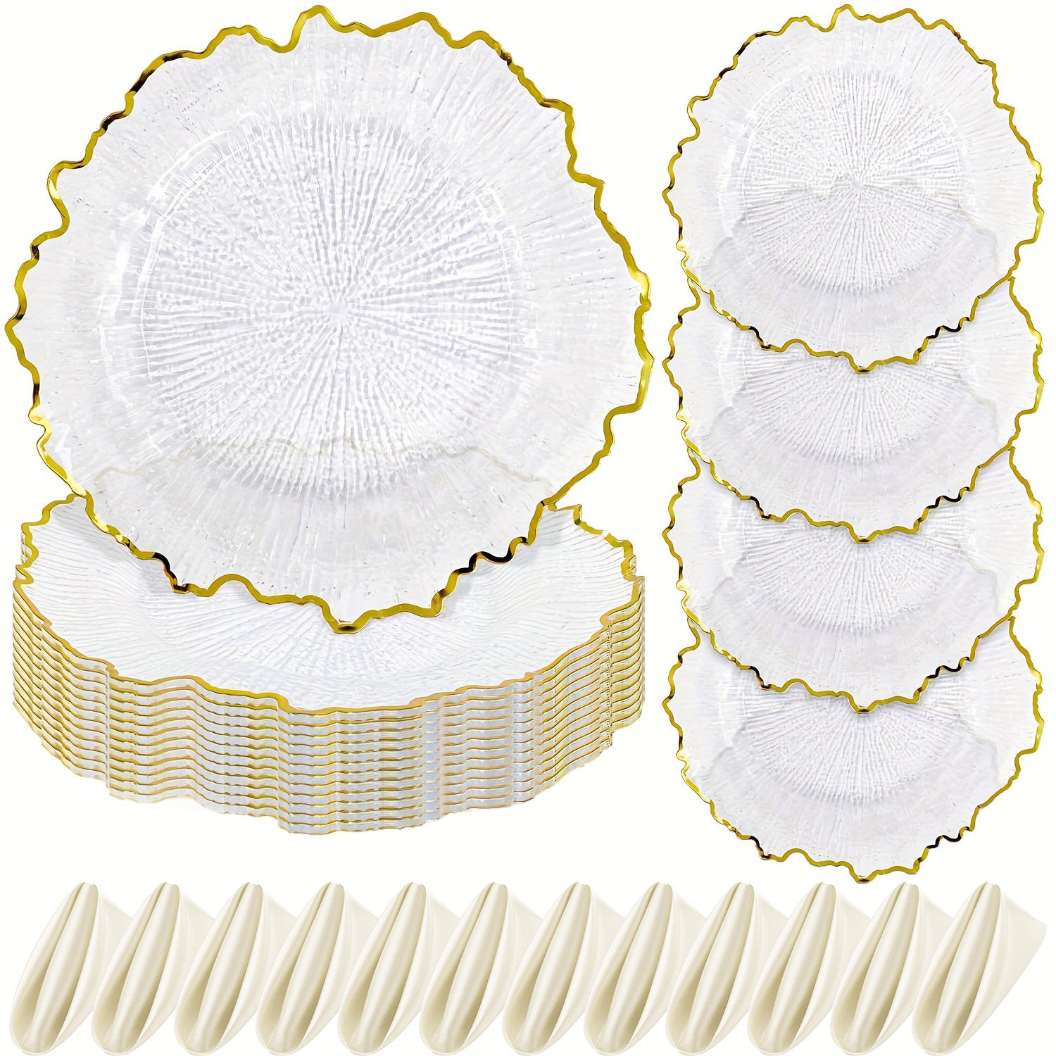 24\u002F12pcs Clear Reef Charger Plates Set Bulk 12 Golden Rim Clear Charger Plates 13 Inch And 12 Satin Cloth Napkins 17 Inch, Sturdy And Durable, Reef Charger Plate With Golden Rim Floral Reef Design For Dinner Wedding Party Easter Table Setting Decora