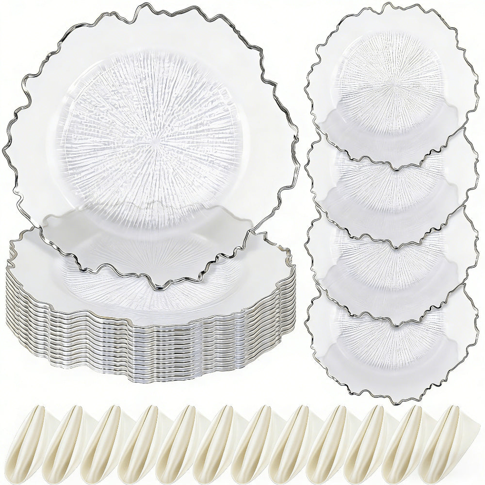 24\u002F12pcs Clear Reef Charger Plates Set Bulk 12 Golden Rim Clear Charger Plates 13 Inch And 12 Satin Cloth Napkins 17 Inch, Sturdy And Durable, Reef Charger Plate With Golden Rim Floral Reef Design For Dinner Wedding Party Easter Table Setting Decora