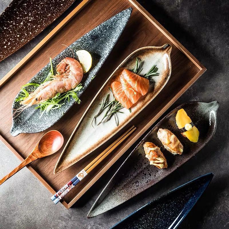 1pc Ceramic Sushi Plate, Creative Leaf Design Plate for Cuisine Restaurants, Sashimi Plate, Fish Plate, Dessert & Snack Plate