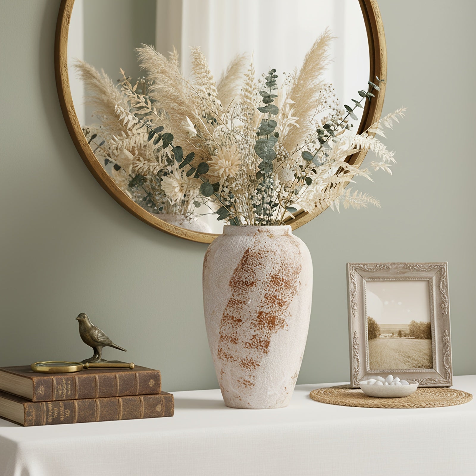 Vintage Ceramic Vase | Minimalist Texture Stone Patterned White Flower Vase, Decorative Vase for Living Room Shelf Farmhouse Dining Table Centerpiece Decor, Cylinder Shape, 11.8''