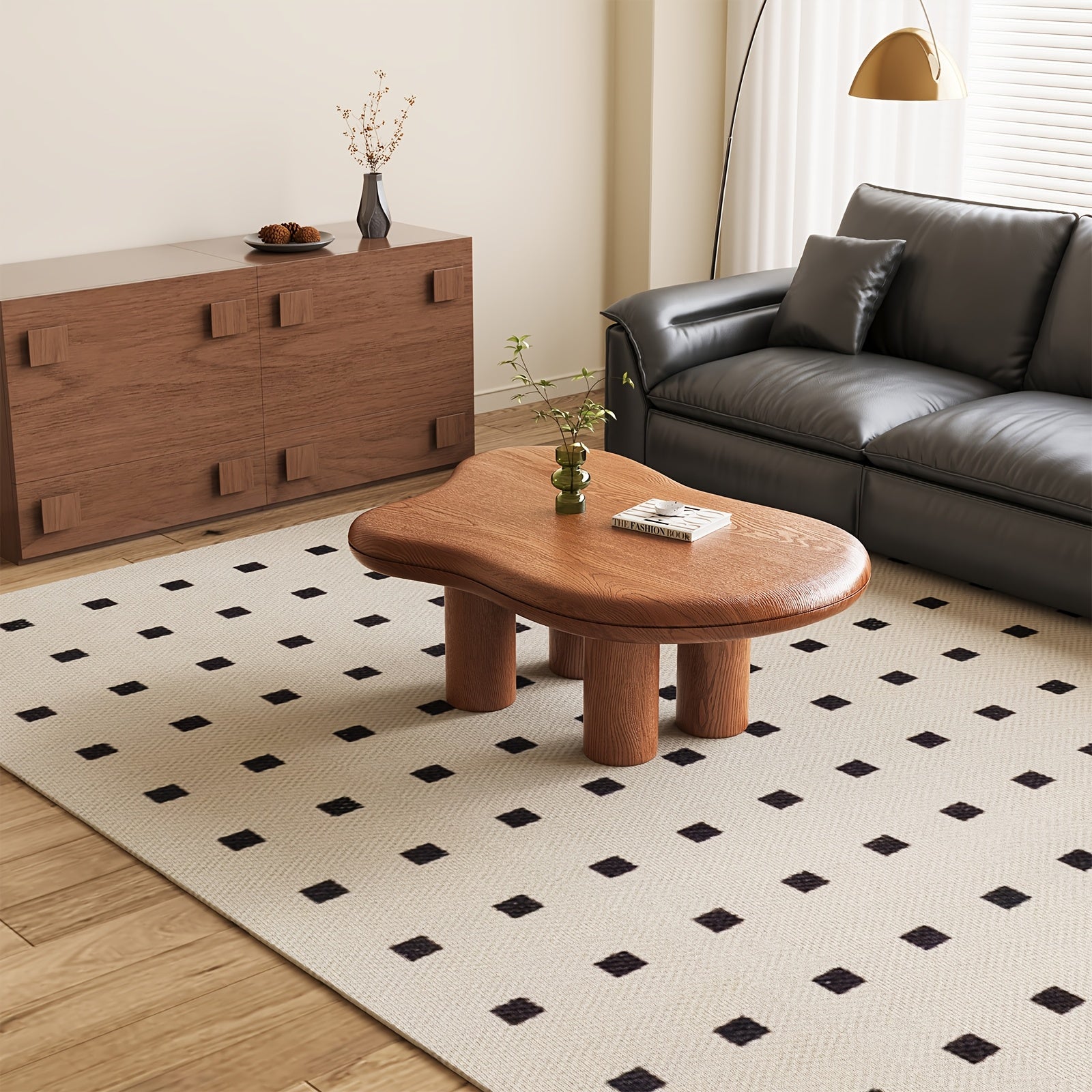 Modern Walnut Coffee Table with Cloud-Inspired Irregular Design - Lightweight Engineered Wood, 4-Legged Compact Center Table for Living Room & Bedroom, Easy Assembly