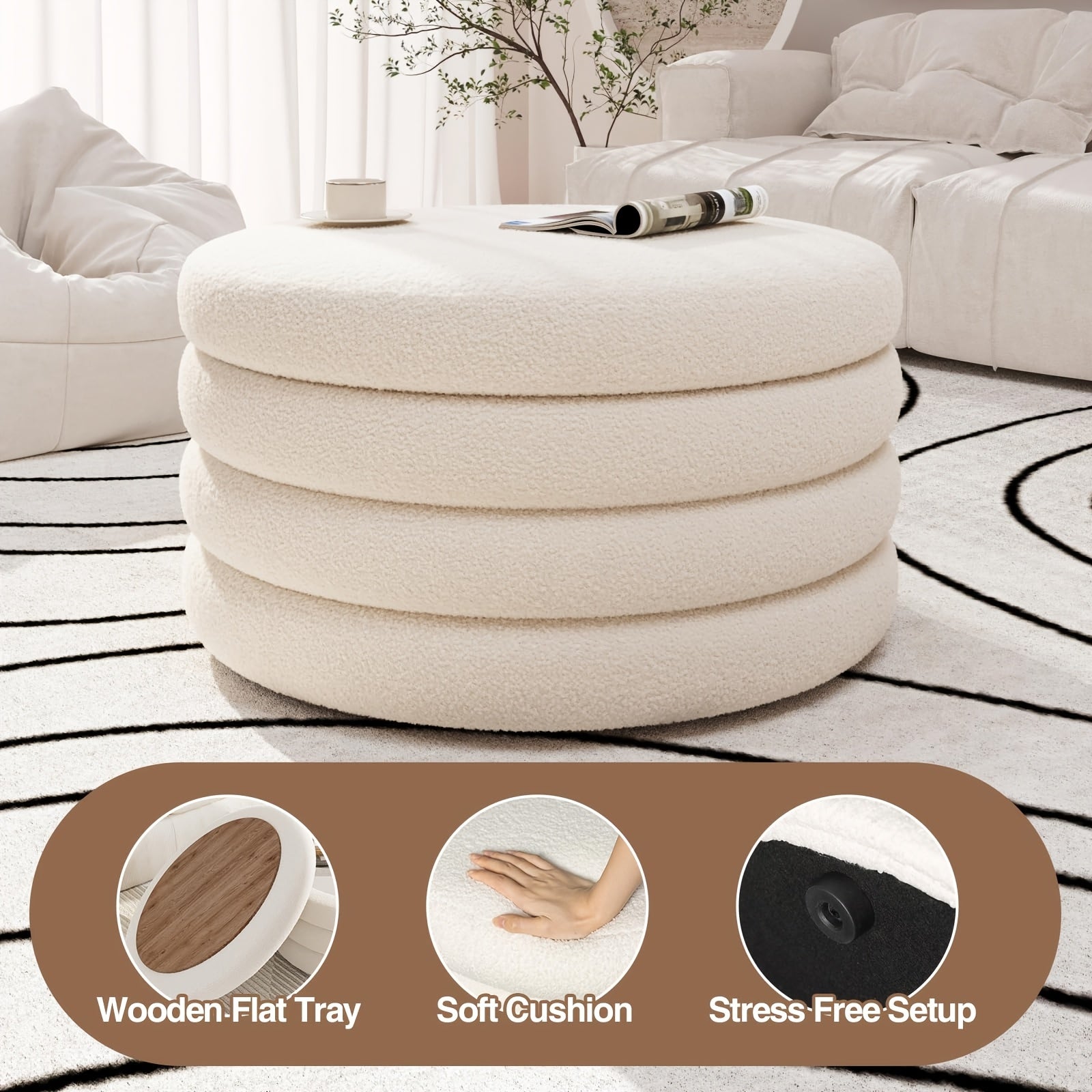30 Inch Round Ottoman Coffee Table with Storage & Sherpa Top - Large Multi-Functional Modern Footrest Suitable for Couch, Cream White Frame\u002FPlywood Base Furniture for Living Room, Space-Saving Tray Table for Small Spaces