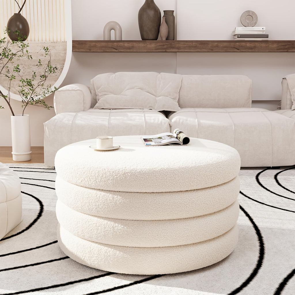 30 Inch Round Ottoman Coffee Table with Storage & Sherpa Top - Large Multi-Functional Modern Footrest Suitable for Couch, Cream White Frame\u002FPlywood Base Furniture for Living Room, Space-Saving Tray Table for Small Spaces