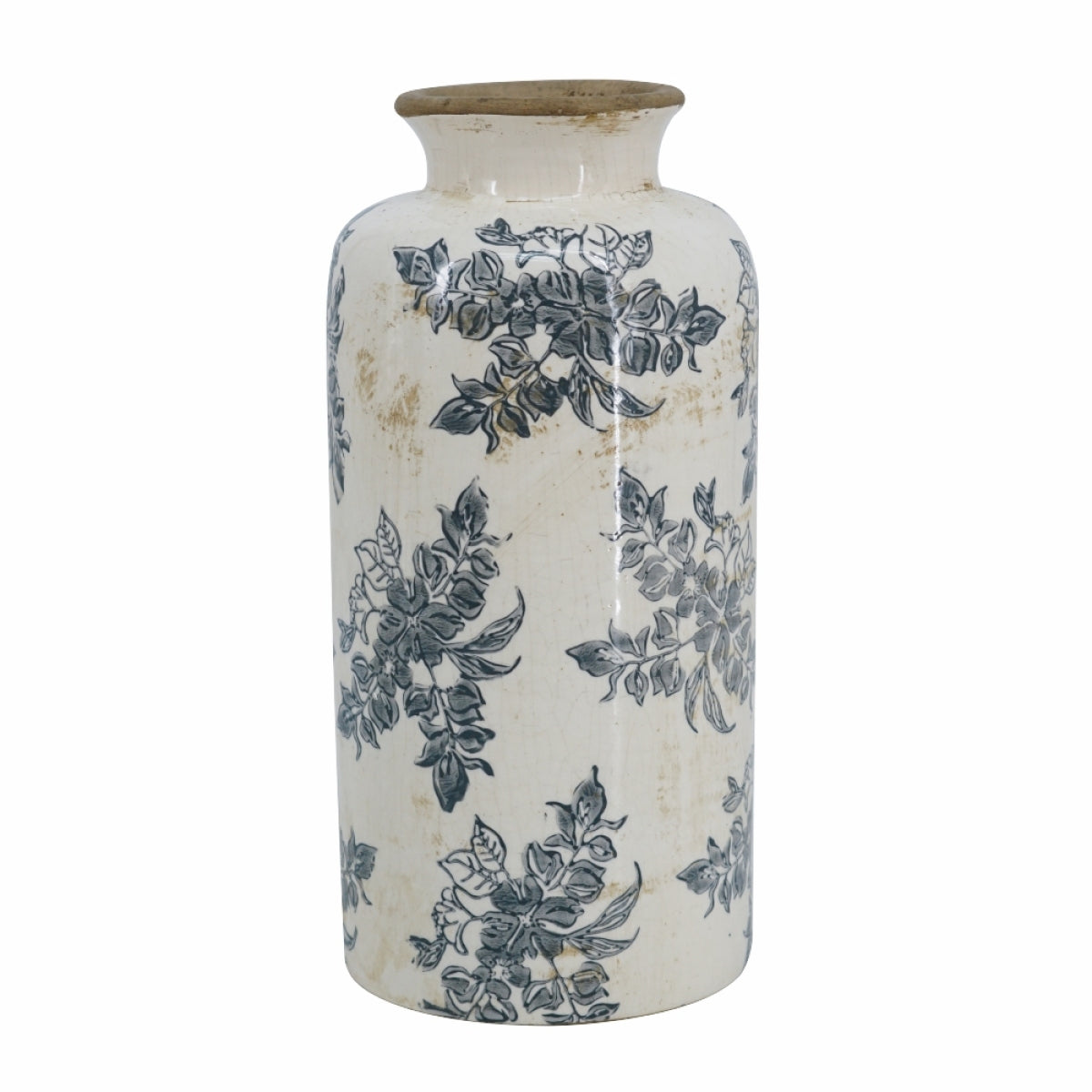 Vintage White Ceramic Vase with Black Floral - Tall Cylindrical Vase Suitable for Decor, Centerpiece for Table, Mantel, Shelf - Ceramic for Modern or Traditional Decoration