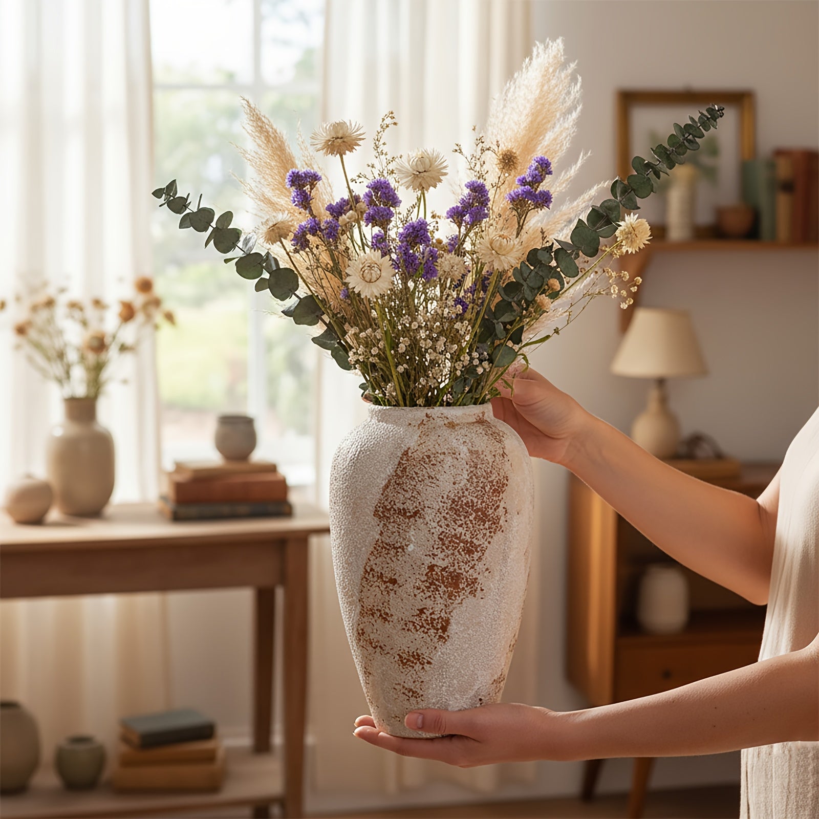 Vintage Ceramic Vase | Minimalist Texture Stone Patterned White Flower Vase, Decorative Vase for Living Room Shelf Farmhouse Dining Table Centerpiece Decor, Cylinder Shape, 11.8''