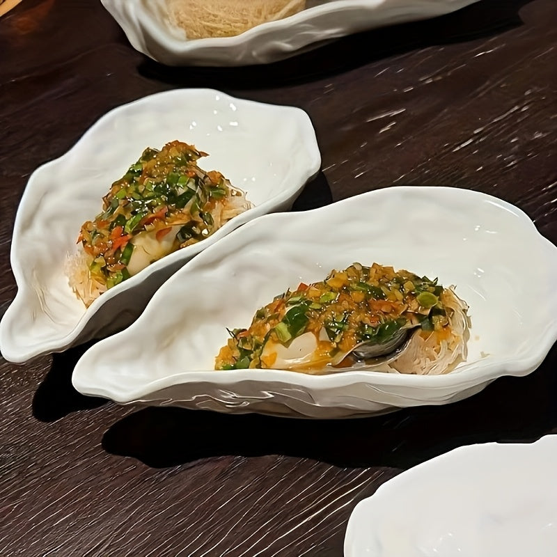 4pcs (4-Pack) 7.5-Inch Oval White Oyster Shell Ceramic Plates - Suitable for Seafood, Snacks, Appetizers, Desserts, Parties, Weddings, Buffets - Elegant Tableware for Dining & Commercial Use, Holiday Gifts for Christmas &