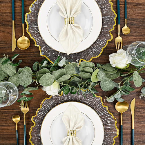 24\u002F12pcs Clear Reef Charger Plates Set Bulk 12 Golden Rim Clear Charger Plates 13 Inch And 12 Satin Cloth Napkins 17 Inch, Sturdy And Durable, Reef Charger Plate With Golden Rim Floral Reef Design For Dinner Wedding Party Easter Table Setting Decora