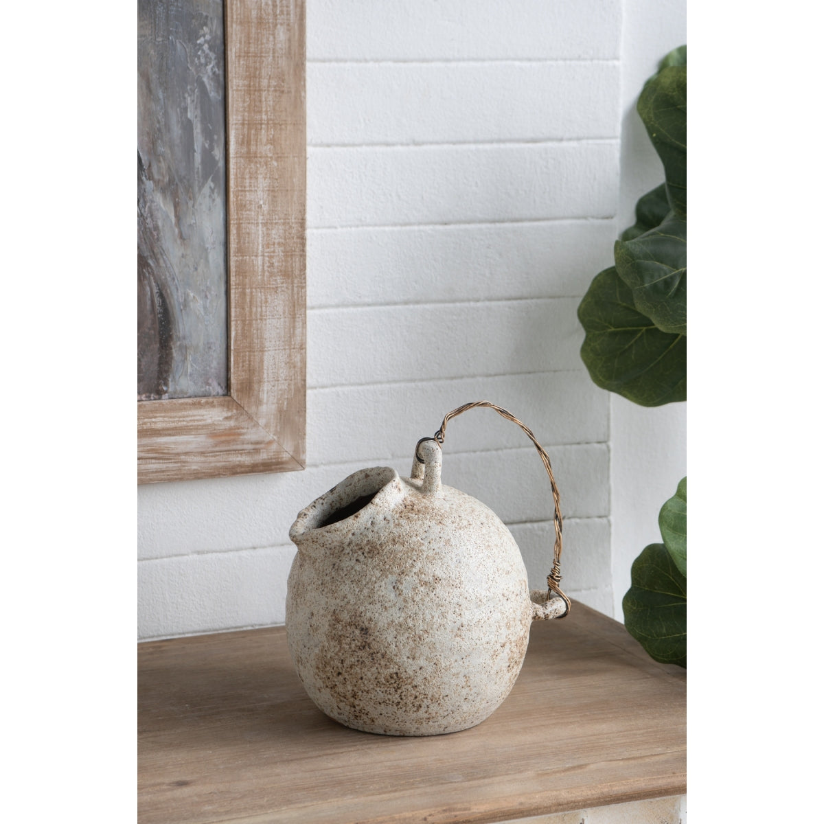 Rustic White Ceramic Vase with Wire Handle - Vintage Farmhouse Round Jug Pottery Suitable for Fake Plants, Flowers, Wabi-Sabi & French Country Decor, Wire-Hooked Holder for Branches, Ceramic for Entryway, Living Room, Bedroom Centerpiece