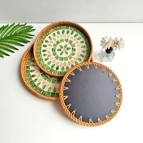 1pc Handcrafted Rattan Seashell Plate | Round Fruit Basket Tray, Fresh Desktop Tray, Vietnamese New Style