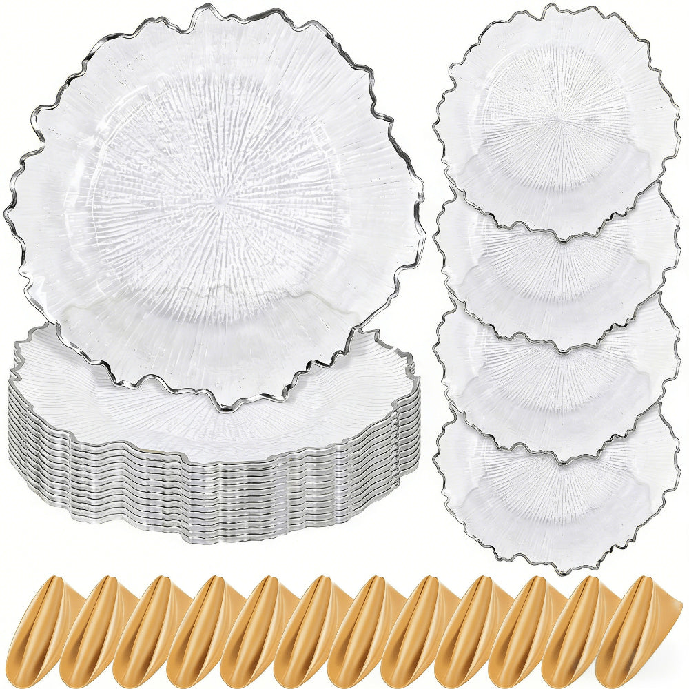 24\u002F12pcs Clear Reef Charger Plates Set Bulk 12 Golden Rim Clear Charger Plates 13 Inch And 12 Satin Cloth Napkins 17 Inch, Sturdy And Durable, Reef Charger Plate With Golden Rim Floral Reef Design For Dinner Wedding Party Easter Table Setting Decora