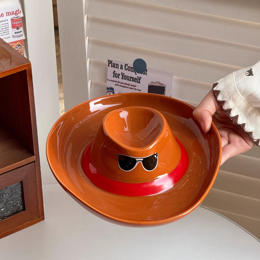Creative Ceramic Plate Shaped Like a Cowboy Hat, Includes a Vinegar Dish, Perfect for Serving Dinner, Breakfast, Or As a Special Side Dish for Hot Pot