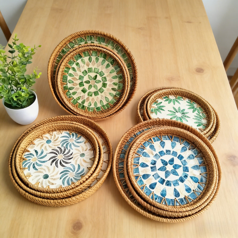 1pc Handcrafted Rattan Seashell Plate | Round Fruit Basket Tray, Fresh Desktop Tray, Vietnamese New Style