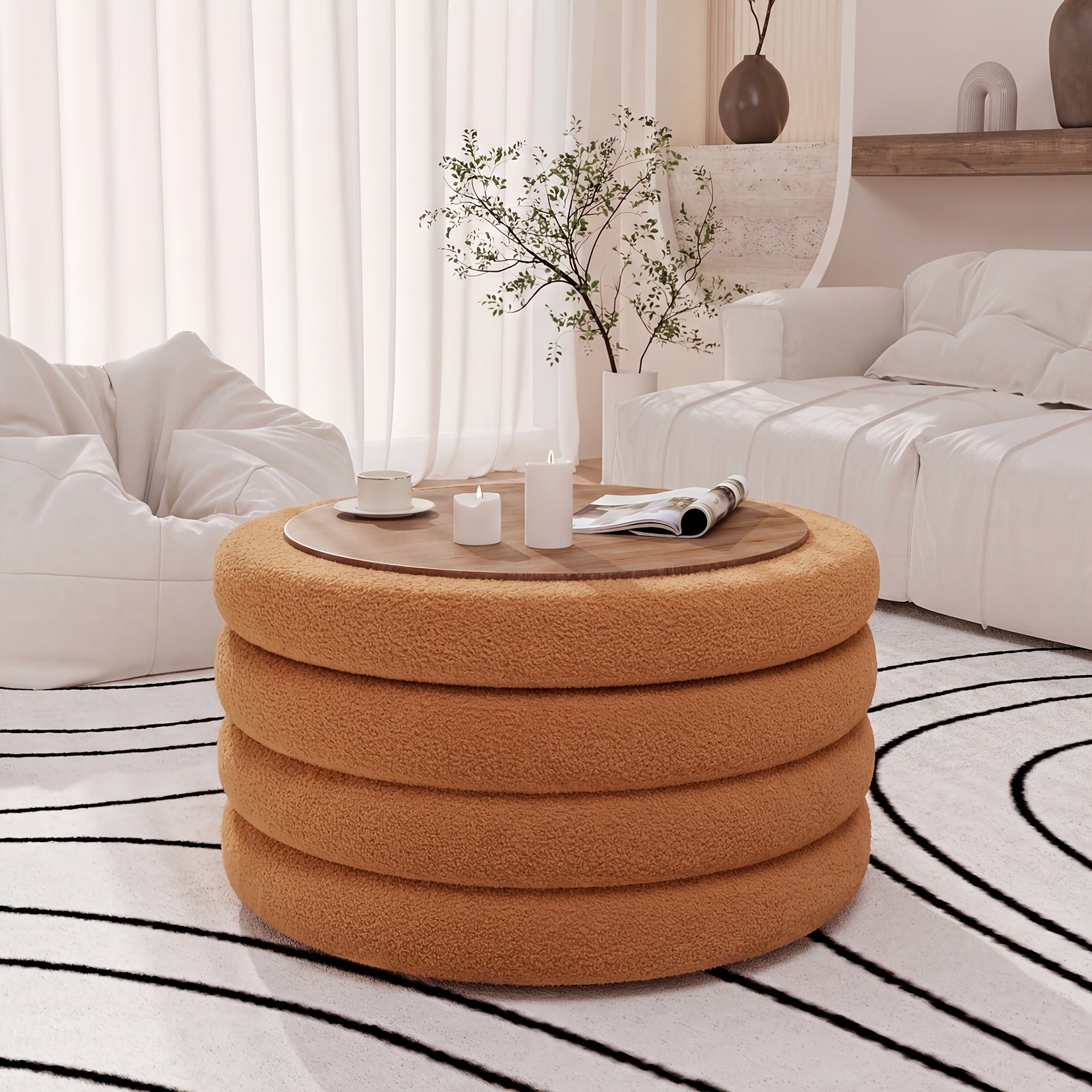 30 Inch Round Ottoman Coffee Table with Storage & Sherpa Top - Large Multi-Functional Modern Footrest Suitable for Couch, Cream White Frame\u002FPlywood Base Furniture for Living Room, Space-Saving Tray Table for Small Spaces