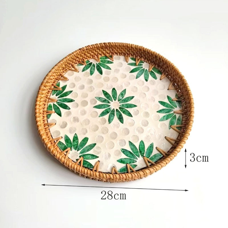 1pc Handcrafted Rattan Seashell Plate | Round Fruit Basket Tray, Fresh Desktop Tray, Vietnamese New Style