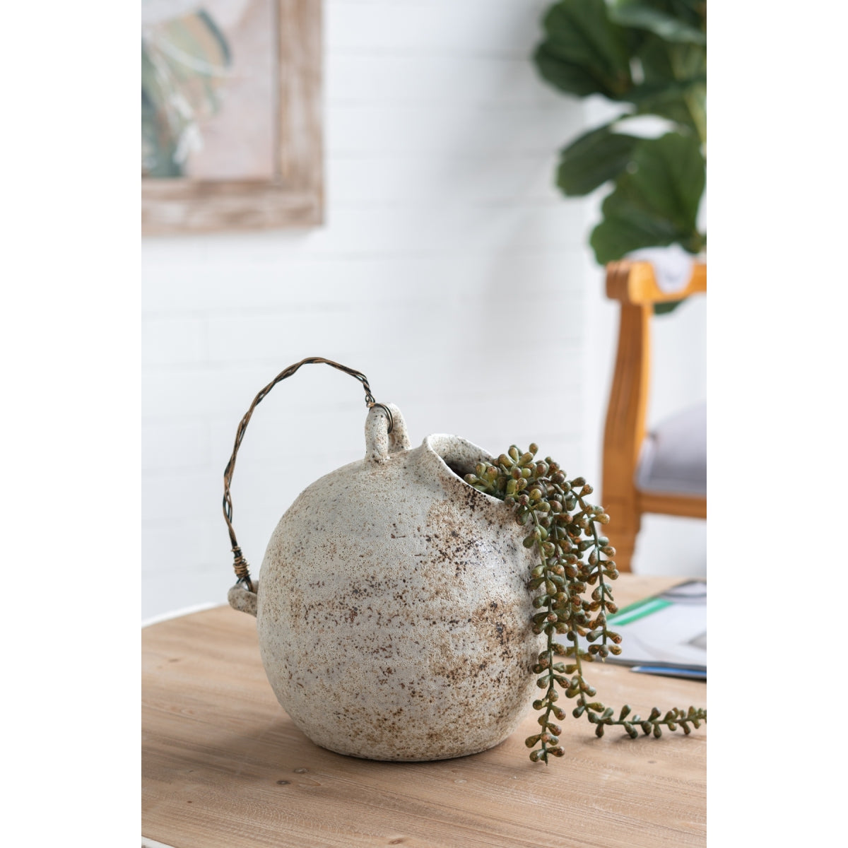 Rustic White Ceramic Vase with Wire Handle - Vintage Farmhouse Round Jug Pottery Suitable for Fake Plants, Flowers, Wabi-Sabi & French Country Decor, Wire-Hooked Holder for Branches, Ceramic for Entryway, Living Room, Bedroom Centerpiece