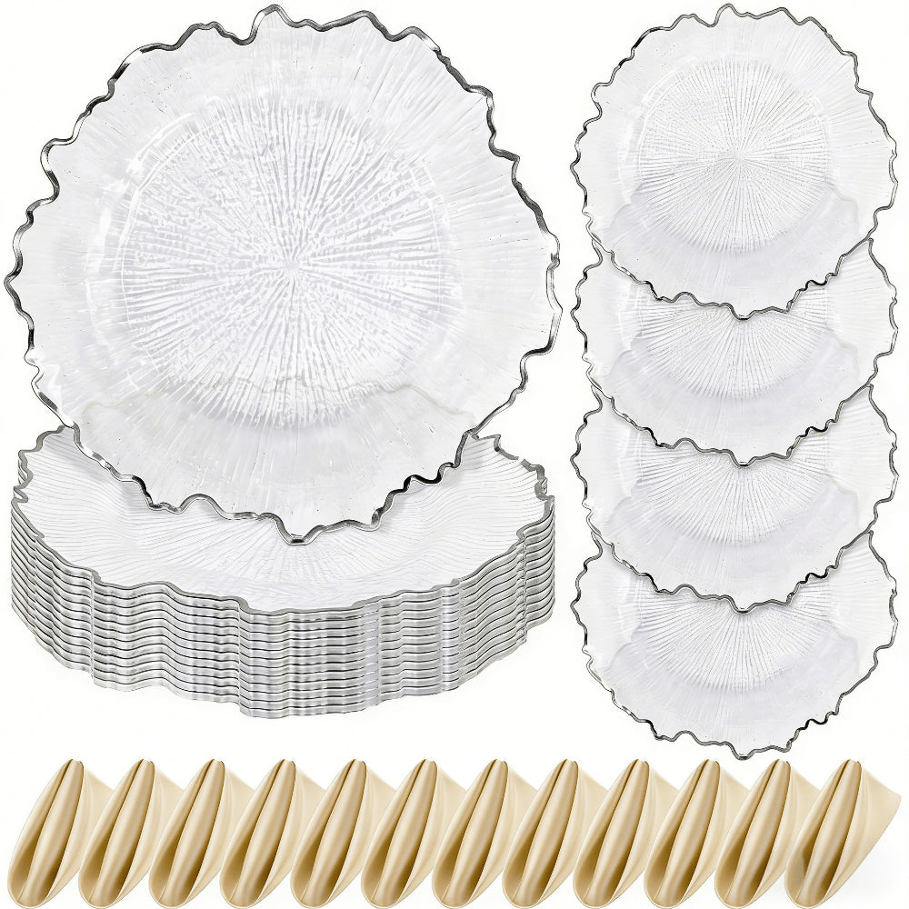 24\u002F12pcs Clear Reef Charger Plates Set Bulk 12 Golden Rim Clear Charger Plates 13 Inch And 12 Satin Cloth Napkins 17 Inch, Sturdy And Durable, Reef Charger Plate With Golden Rim Floral Reef Design For Dinner Wedding Party Easter Table Setting Decora