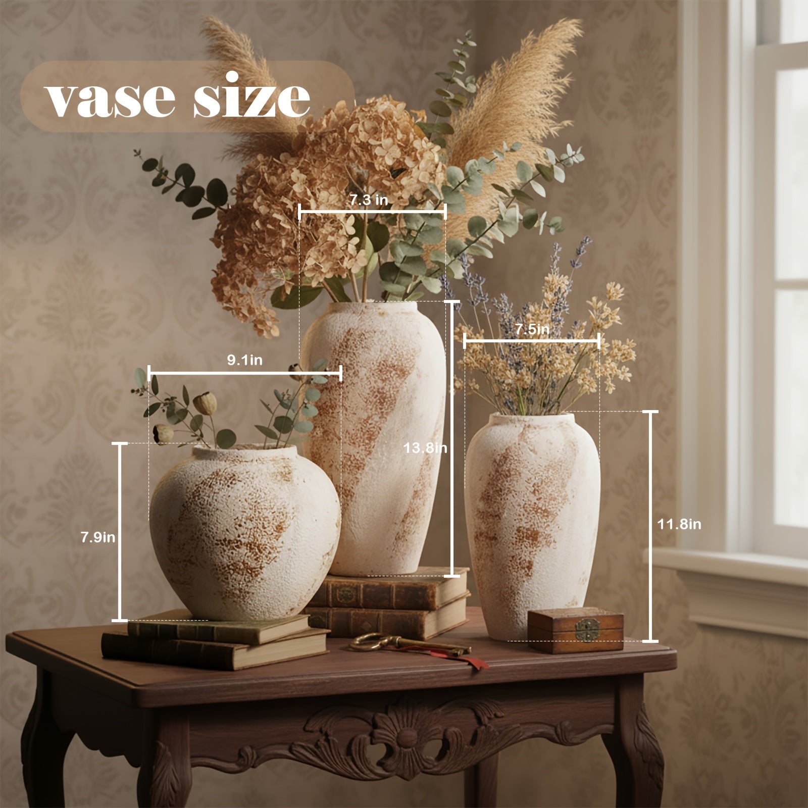 Vintage Ceramic Vase | Minimalist Texture Stone Patterned White Flower Vase, Decorative Vase for Living Room Shelf Farmhouse Dining Table Centerpiece Decor, Cylinder Shape, 11.8''