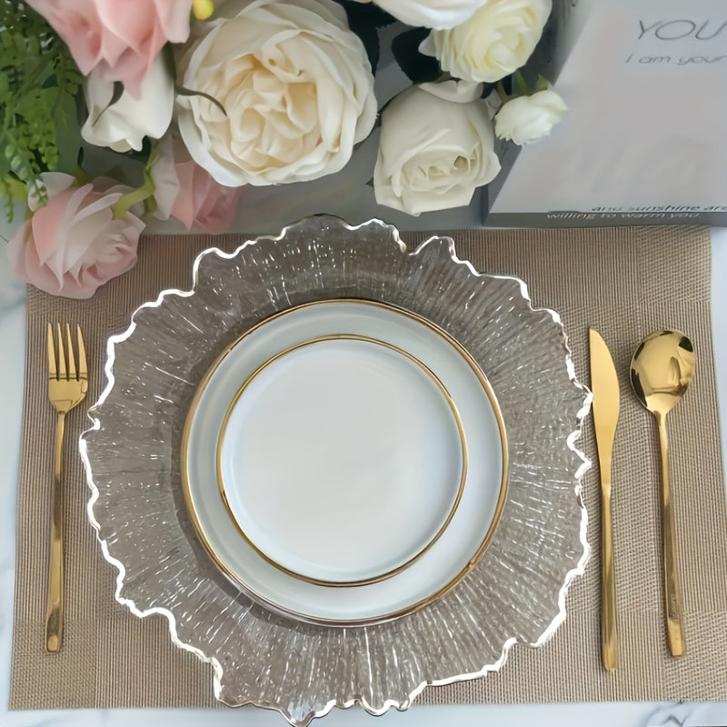 24\u002F12pcs Clear Reef Charger Plates Set Bulk 12 Golden Rim Clear Charger Plates 13 Inch And 12 Satin Cloth Napkins 17 Inch, Sturdy And Durable, Reef Charger Plate With Golden Rim Floral Reef Design For Dinner Wedding Party Easter Table Setting Decora