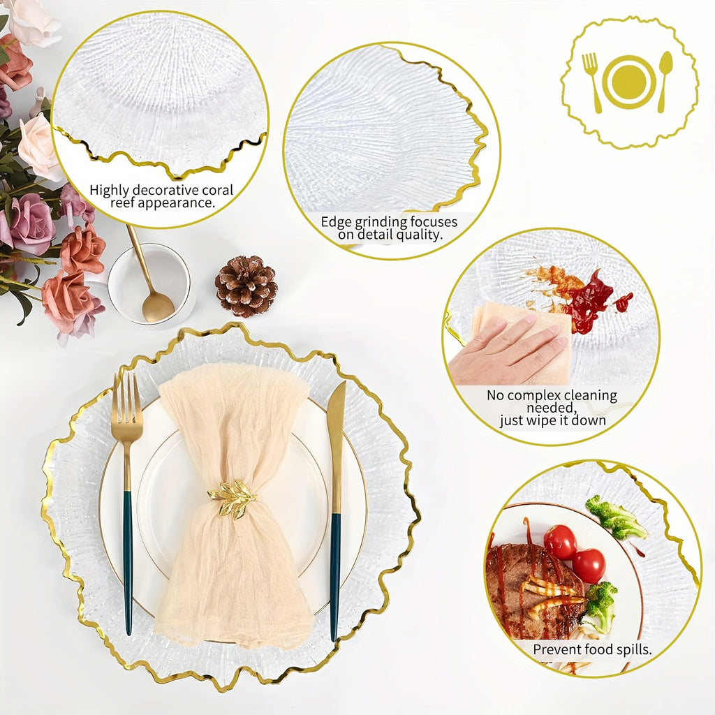 24\u002F12pcs Clear Reef Charger Plates Set Bulk 12 Golden Rim Clear Charger Plates 13 Inch And 12 Satin Cloth Napkins 17 Inch, Sturdy And Durable, Reef Charger Plate With Golden Rim Floral Reef Design For Dinner Wedding Party Easter Table Setting Decora