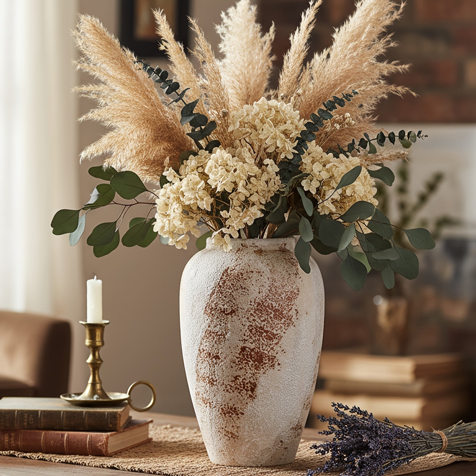 Vintage Ceramic Vase | Minimalist Texture Stone Patterned White Flower Vase, Decorative Vase for Living Room Shelf Farmhouse Dining Table Centerpiece Decor, Cylinder Shape, 11.8''