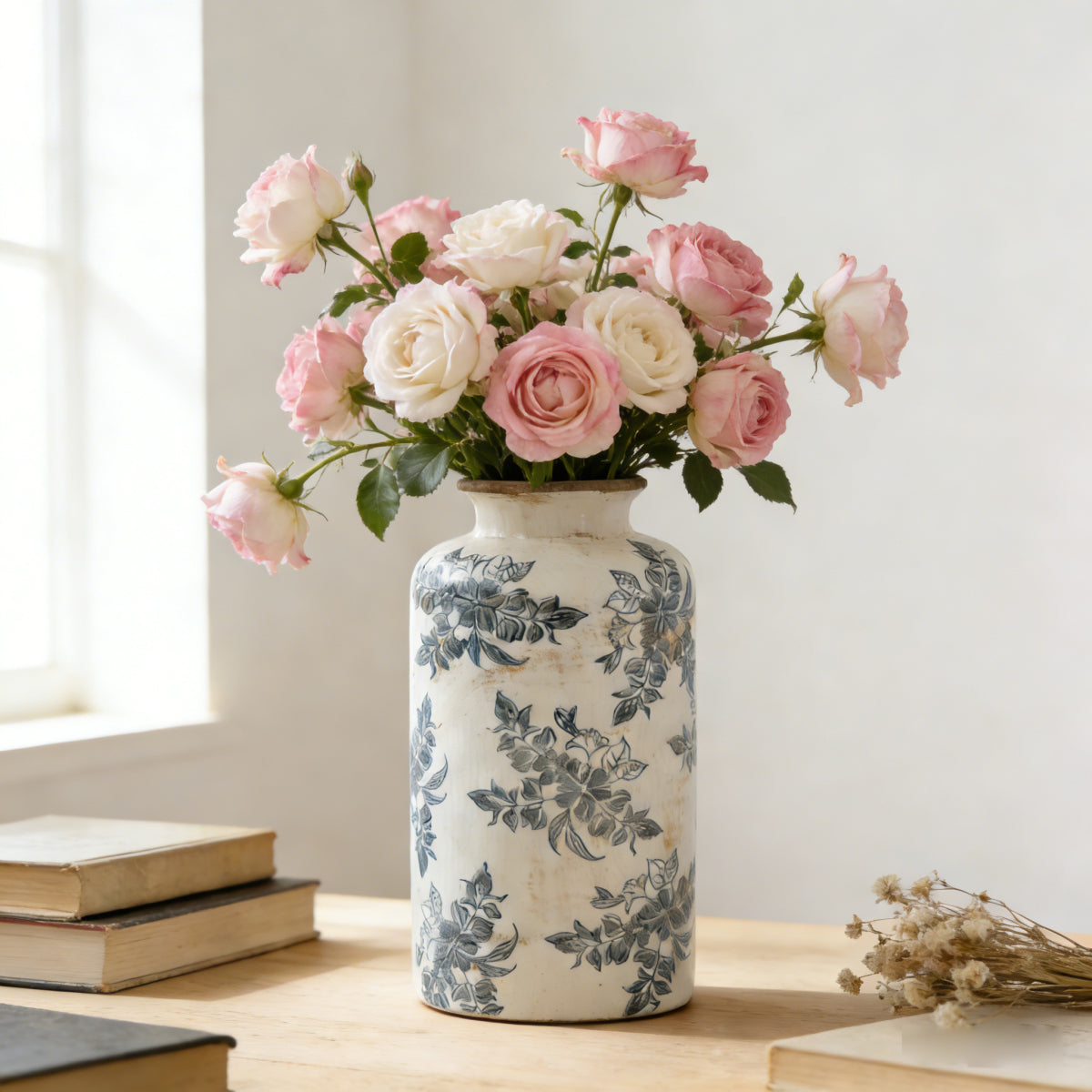 Vintage White Ceramic Vase with Black Floral - Tall Cylindrical Vase Suitable for Decor, Centerpiece for Table, Mantel, Shelf - Ceramic for Modern or Traditional Decoration