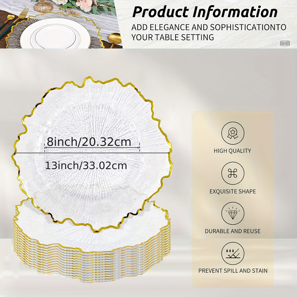 24\u002F12pcs Clear Reef Charger Plates Set Bulk 12 Golden Rim Clear Charger Plates 13 Inch And 12 Satin Cloth Napkins 17 Inch, Sturdy And Durable, Reef Charger Plate With Golden Rim Floral Reef Design For Dinner Wedding Party Easter Table Setting Decora