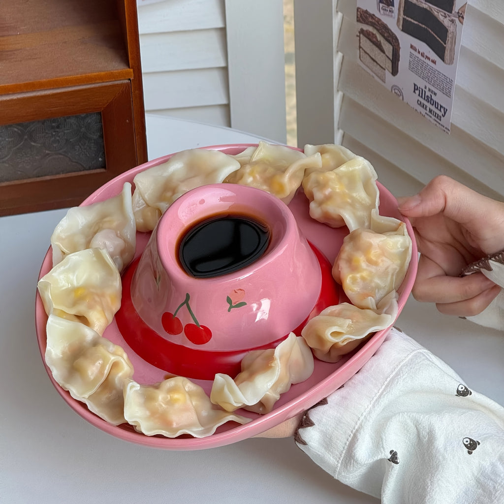 Creative Ceramic Plate Shaped Like a Cowboy Hat, Includes a Vinegar Dish, Perfect for Serving Dinner, Breakfast, Or As a Special Side Dish for Hot Pot